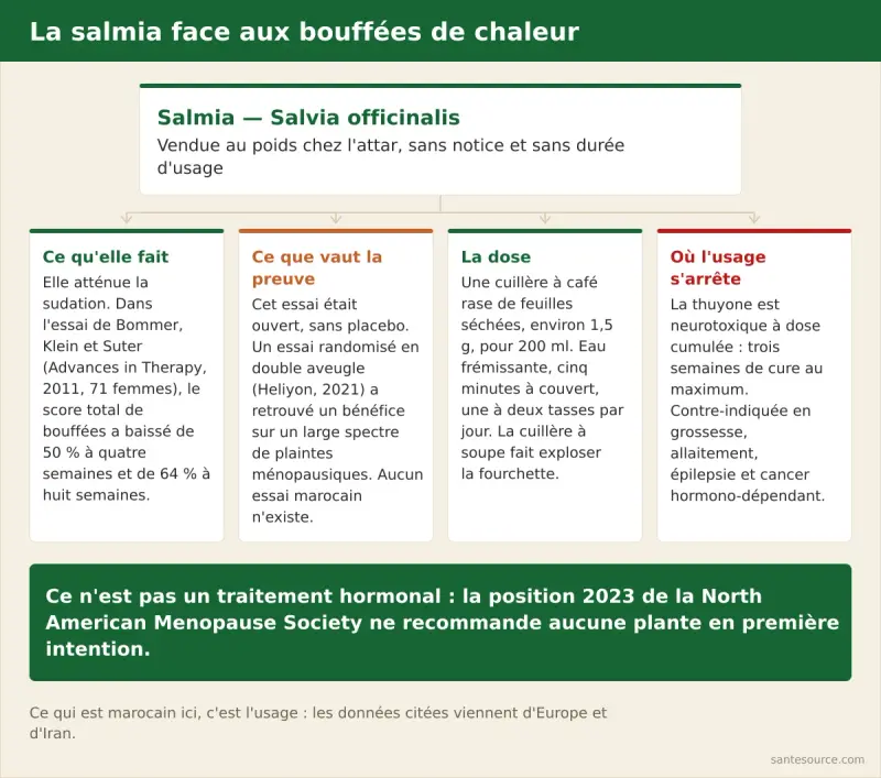 Carte mentale de la salmia contre les bouffées de chaleur : effet antisudoral, essais cliniques, dose d'infusion et contre-indications liées à la thuyone