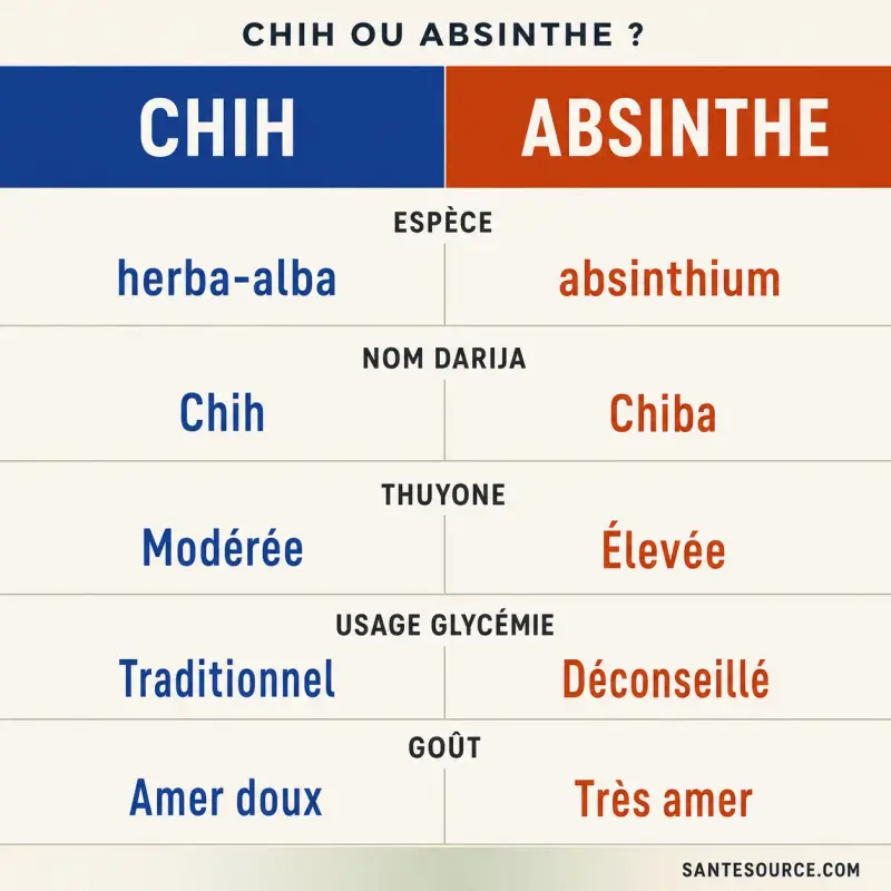 Comparaison visuelle entre le chih (armoise blanche) et l'absinthe pour le diabète