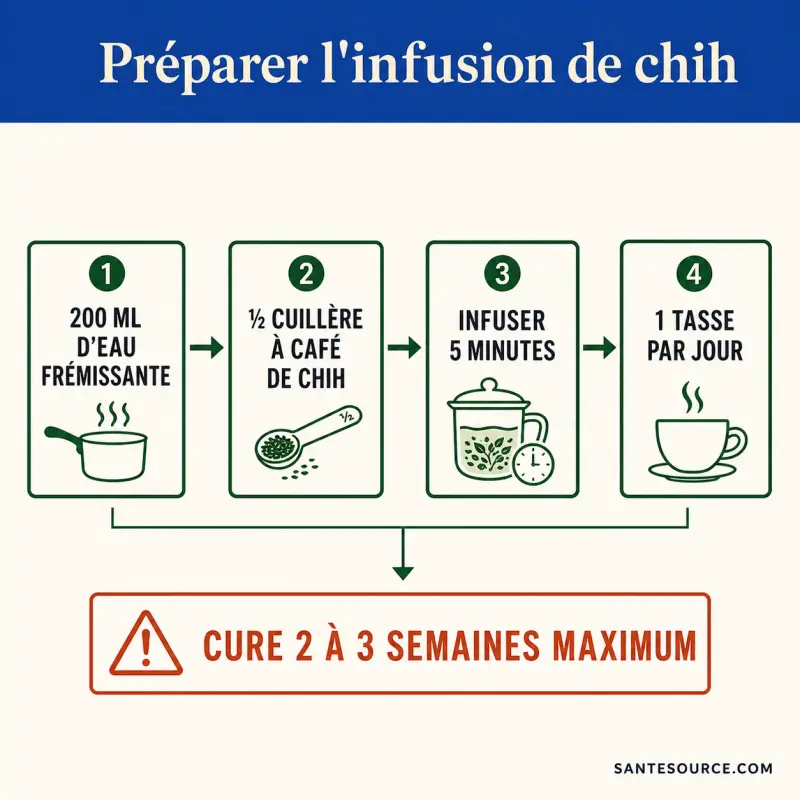 Étapes de préparation de l'infusion de chih à jeun avec dosage et durée de cure