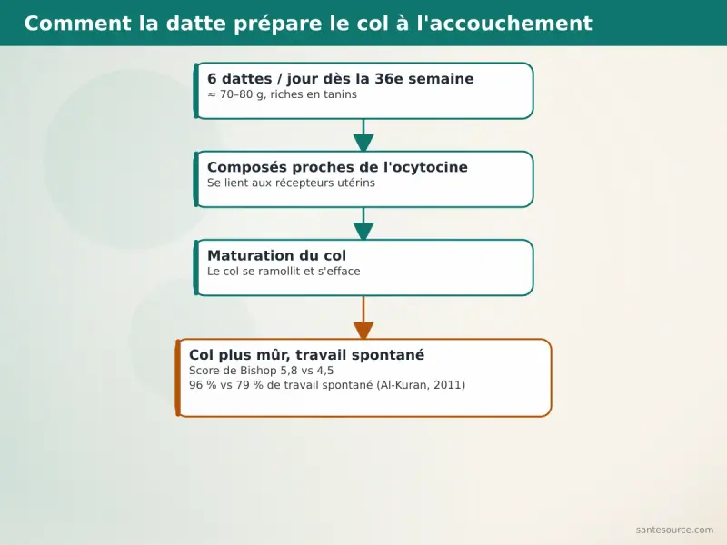 Schéma montrant comment les composés de la datte agissent sur la maturation du col de l'utérus en fin de grossesse
