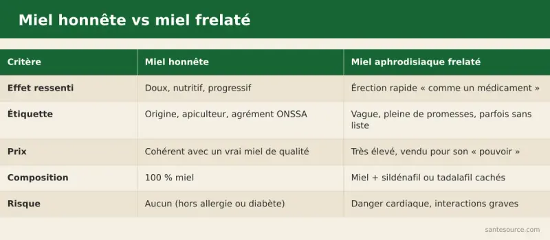 Comparaison côte à côte entre un miel naturel honnête et un miel aphrodisiaque frelaté au sildénafil