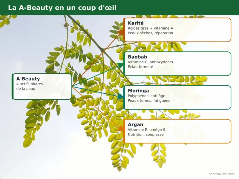 Carte mentale de la A-Beauty reliant karité, baobab, moringa et argan à leurs actifs et types de peau