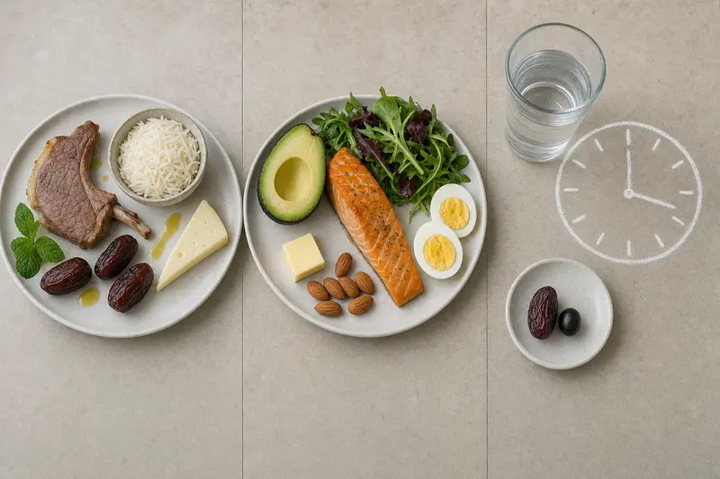 Triptyque comparant côte à côte les assiettes du régime Tayibat, du régime keto et du jeûne intermittent 16/8