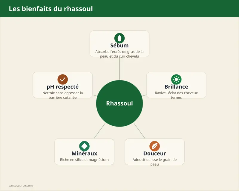 Carte mentale des bienfaits du rhassoul : adsorption du sébum, brillance, douceur du pH