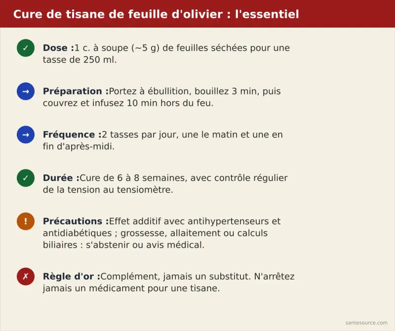 Récapitulatif de la cure de tisane de feuille d'olivier : dose, durée, précautions
