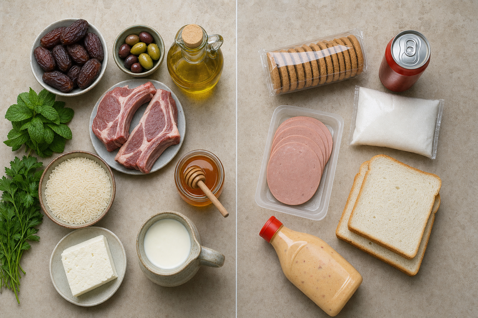 Composition éditoriale comparant aliments autorisés et interdits du régime Tayibat sur fond de pierre neutre
