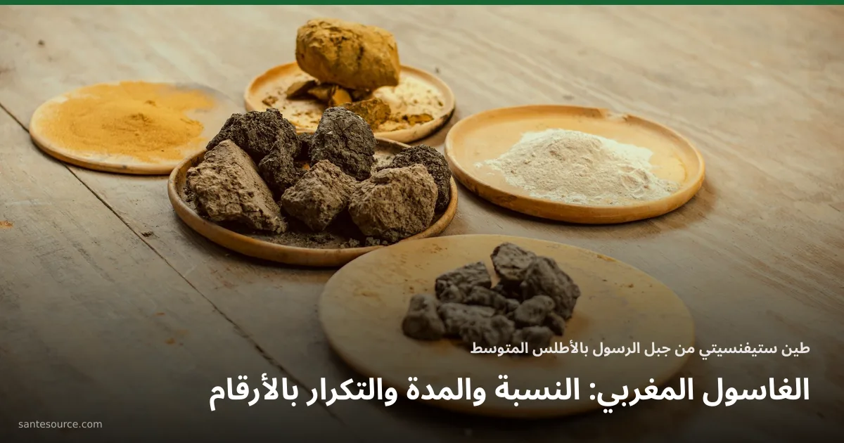 ألواح الغاسول الخام ومساحيق طينية على صحون خشبية، مادة قناع الغاسول المغربي للبشرة والشعر