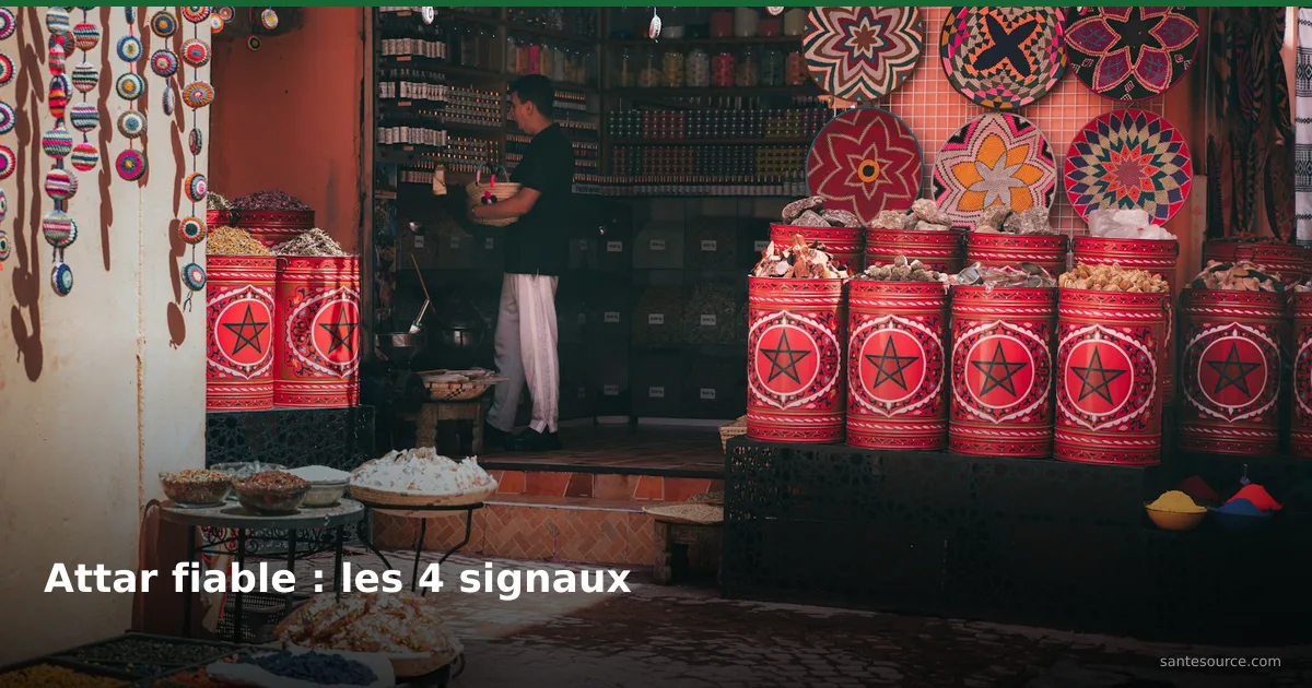 Échoppe d'herboristerie à Marrakech avec bidons traditionnels remplis de plantes médicinales séchées et paniers en vrac