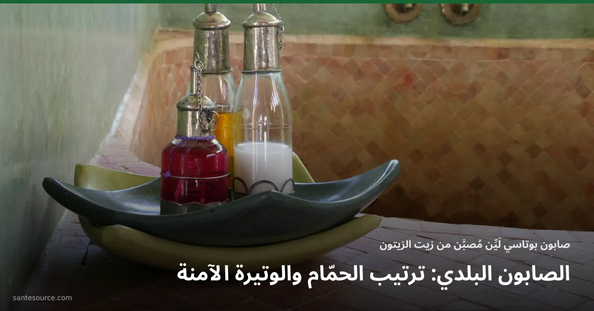 ركن حمّام مغربي بالزليج وقنينات الزيت النحاسية، إطار حصة الصابون البلدي والكسالة