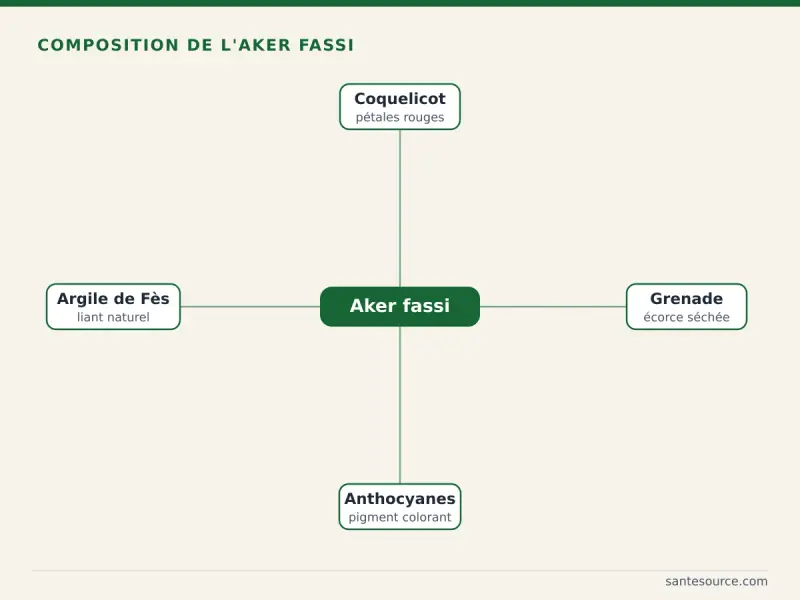Composition de l'aker fassi : pétales de coquelicot et écorce de grenade riches en anthocyanes, liés à l'argile de Fès