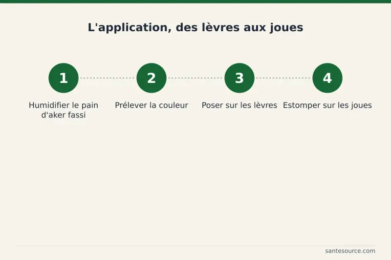 Étapes d'application de l'aker fassi : humidifier le pain, prélever la couleur, poser sur lèvres puis joues