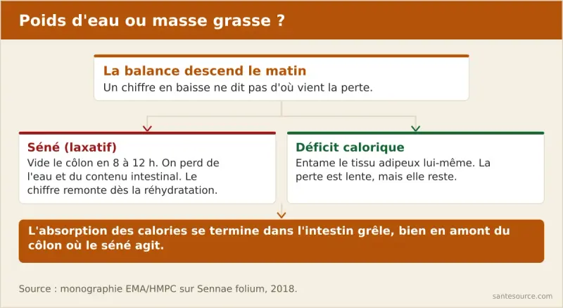 Schéma comparant la perte d'eau et de contenu intestinal provoquée par le séné et la perte de masse grasse obtenue par un déficit calorique