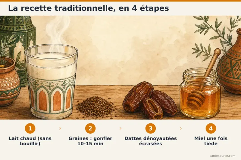 Étapes de préparation du hab rchad dans le lait avec dattes et miel