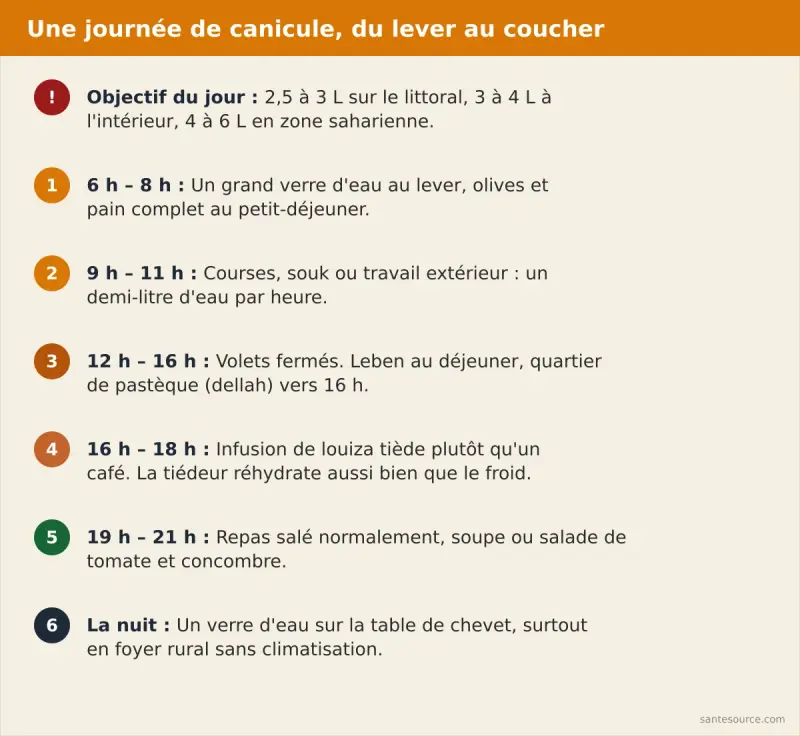 Récapitulatif d'une journée de canicule au Maroc : volumes d'eau, aliments et horaires du lever à la nuit