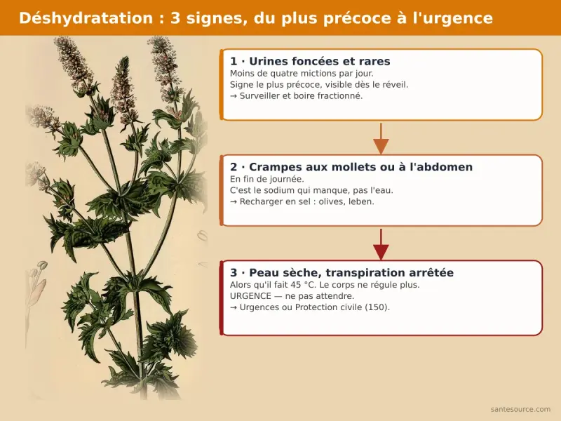 Schéma des trois signes de déshydratation en canicule : urines foncées, crampes, arrêt de la transpiration