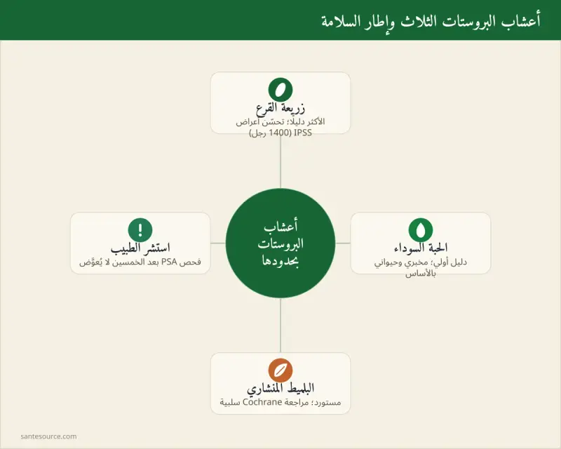 خريطة ذهنية تلخّص أعشاب تخفيف أعراض تضخم البروستات الحميد ومتى تُستشار الطبيب