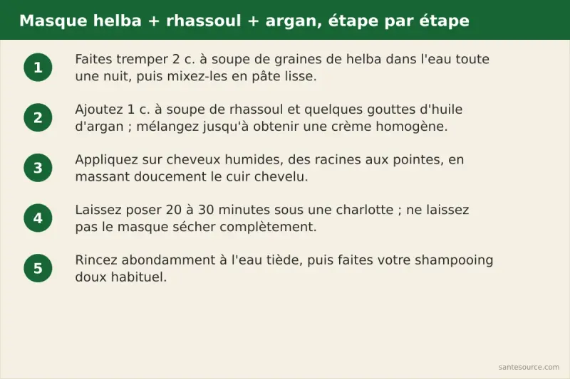 Illustration des cinq étapes du masque helba rhassoul argan : trempage, mélange, application, pose, rinçage
