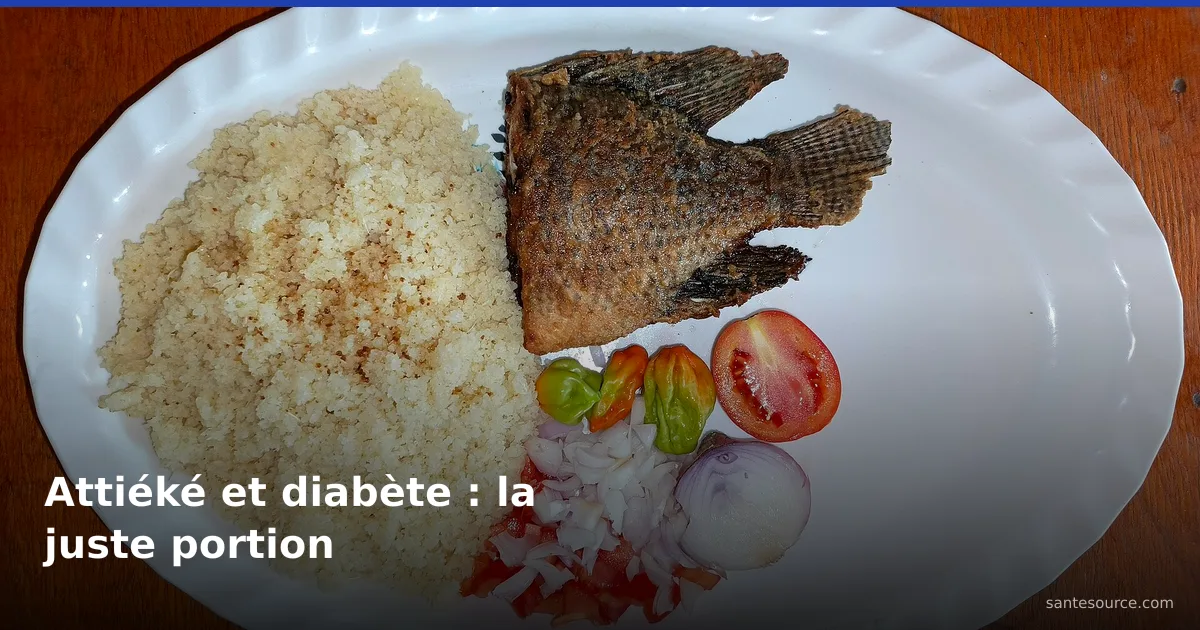 Assiette d'attiéké ivoirien : semoule de manioc fermentée servie avec du poisson grillé, de la tomate et de l'oignon.