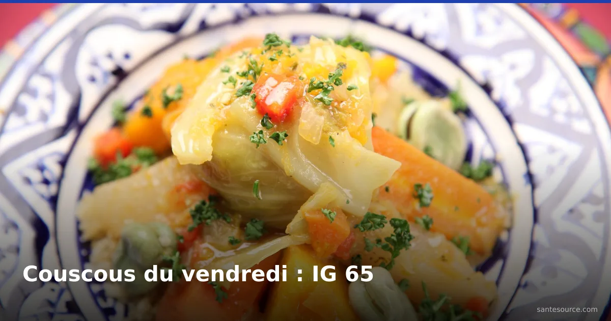 Couscous marocain aux sept légumes dans un plat en céramique de Fès, courgette, carotte et pois chiches