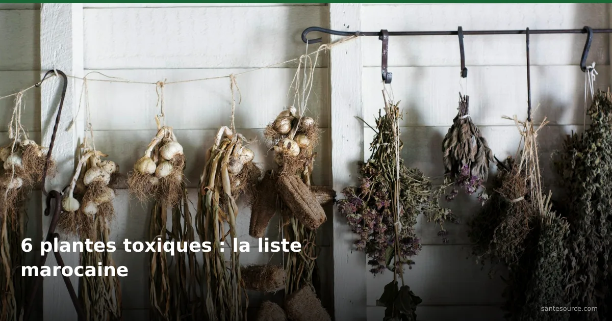 Bouquets de plantes médicinales séchées suspendus à un mur, dont les espèces toxiques vendues en vrac au Maroc