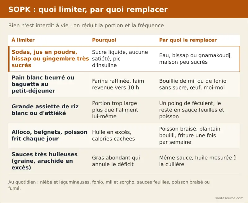 Comparaison des aliments à limiter avec le SOPK (sodas, pain blanc, grosses portions d'attiéké) et de leurs remplaçants africains (niébé, fonio, sauce feuilles, poisson braisé)