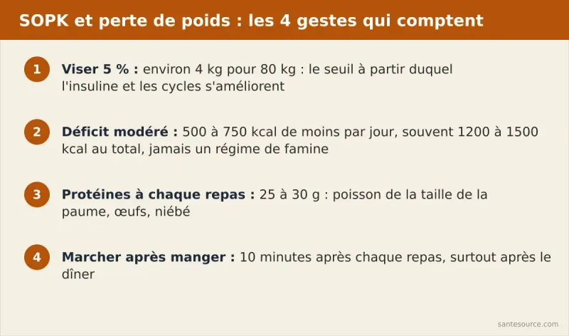 Récapitulatif SOPK et perte de poids : viser 5 %, déficit de 500 à 750 kcal, protéines à chaque repas, marche de 10 minutes après manger