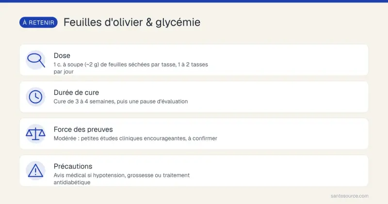 Récapitulatif : dose de feuilles d'olivier, durée de cure, force des preuves et précautions pour le diabète