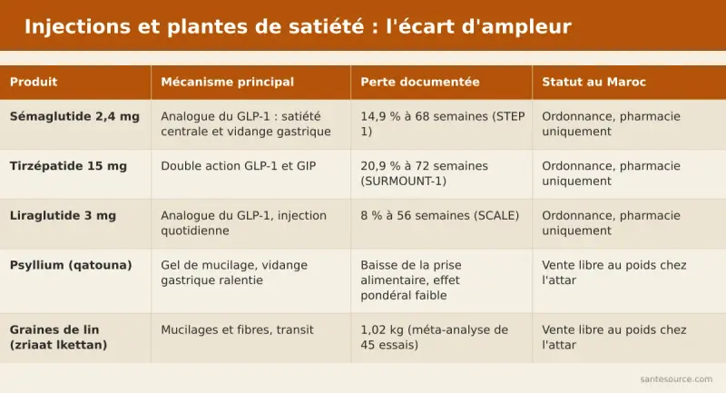 Comparaison de l'ampleur de perte de poids entre sémaglutide, tirzépatide et fibres de satiété psyllium et lin
