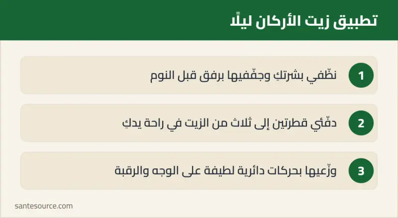 خطوات تطبيق زيت الأركان على الوجه: التنظيف، تدفئة القطرات، التوزيع الدائري