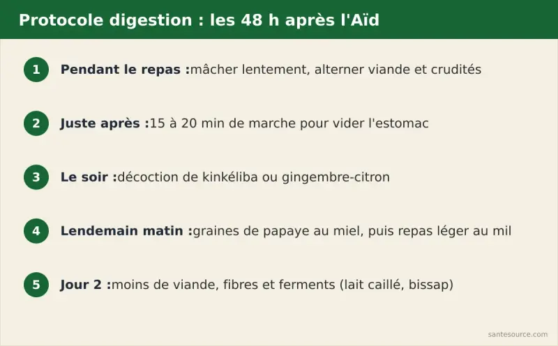 Protocole de digestion en 48 heures après l'Aïd : papaye, kinkéliba, gingembre et menthe avec les moments de prise