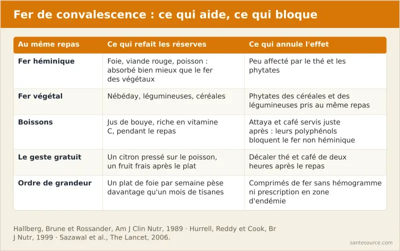Comparaison des aliments de convalescence : fer héminique du foie et du poisson face au fer végétal du nébéday, avec le rôle de la vitamine C du bouye et l'effet bloquant de l'attaya