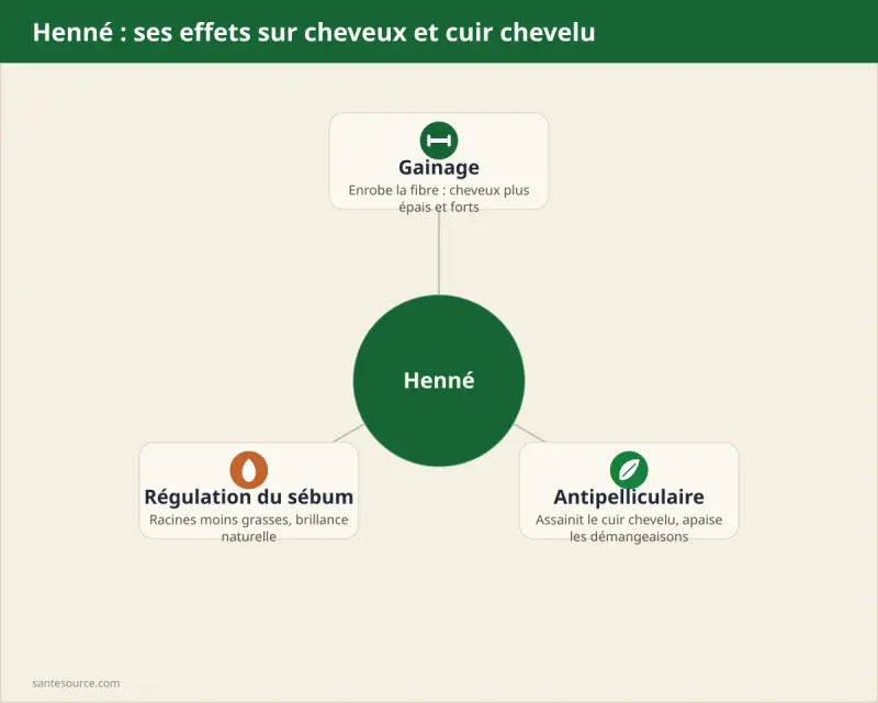 Carte mentale des bienfaits capillaires du henné : gainage, antipelliculaire, régulation du sébum