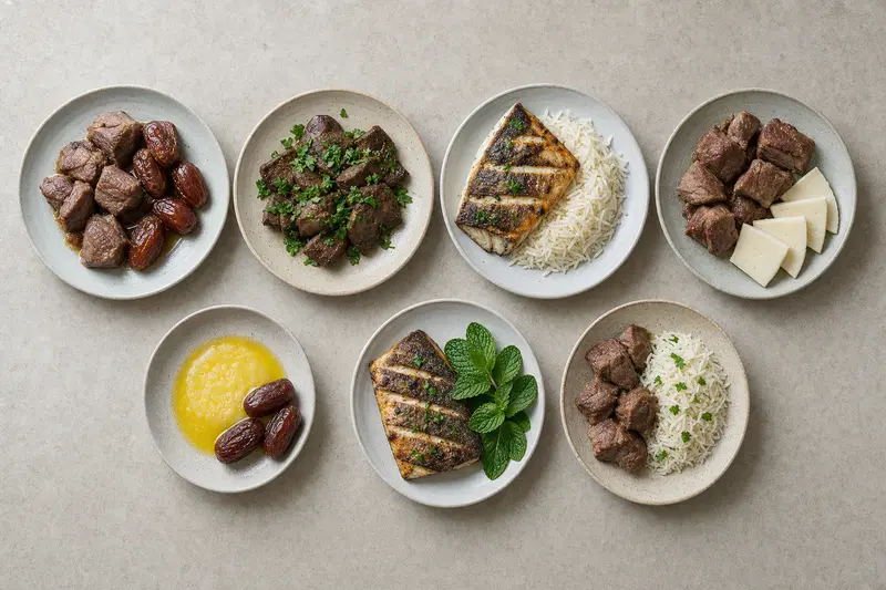 Grille à plat de sept assiettes représentant le menu d'une semaine type du régime Tayibat avec agneau, dattes, foie, poisson et fromage akawi