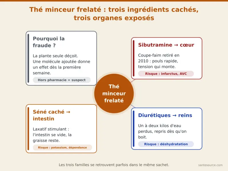 Carte mentale des trois familles de fraude dans les thés minceur : sibutramine, laxatifs stimulants comme le séné, diurétiques, avec l'organe visé par chacune