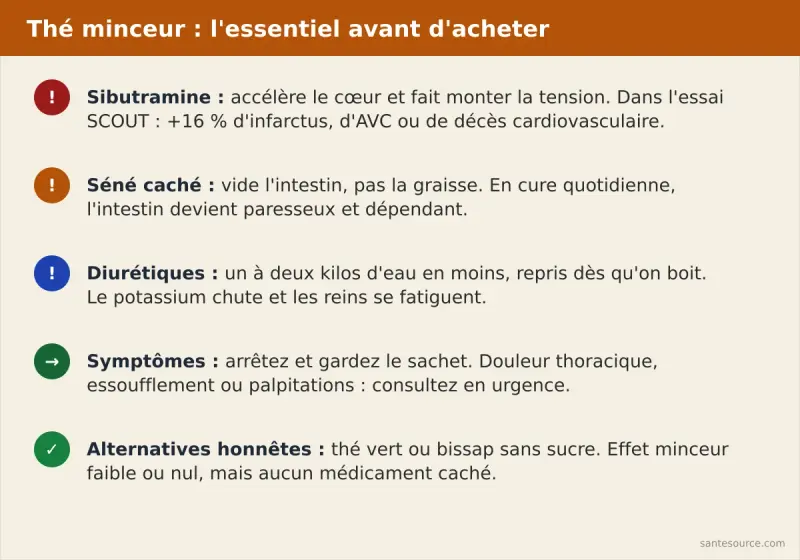 Récapitulatif : sibutramine et cœur, séné et dépendance intestinale, diurétiques et reins, que faire en cas de symptômes, et les alternatives honnêtes thé vert et bissap