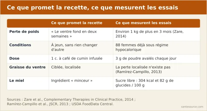 Comparaison entre ce que promet la recette cumin citron miel et ce que montrent les essais cliniques : perte de poids annoncée contre environ 1 kg en trois mois