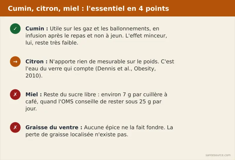 Récapitulatif : le cumin agit sur les ballonnements, le citron n'apporte que l'eau, le miel reste du sucre, et aucune épice ne brûle la graisse du ventre