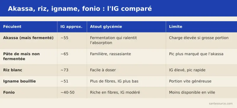 Carte comparative de l'index glycémique de l'akassa, du riz blanc, de l'igname et du fonio pour un diabétique