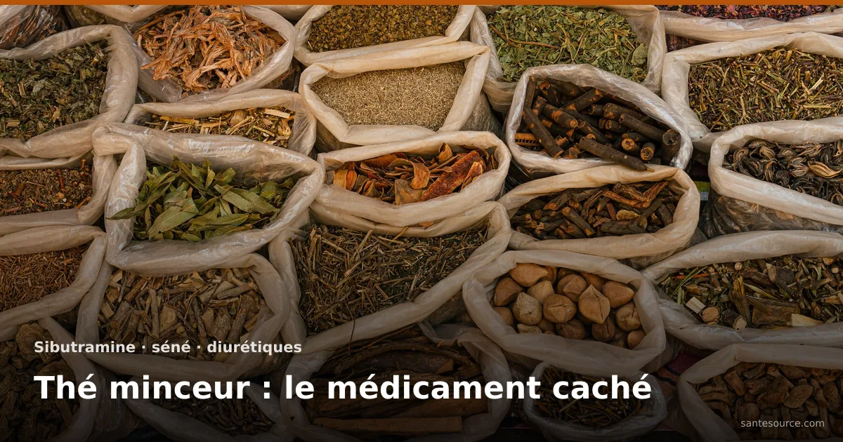 Sacs de plantes séchées vendues en vrac au marché, où se cache parfois un thé minceur frelaté à la sibutramine