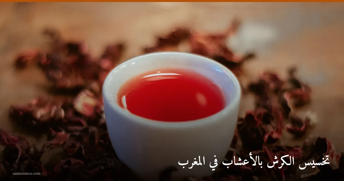 كوب كركديه أحمر وأزهار مجفّفة على خشب، من أعشاب تخسيس الكرش في السوق المغربي