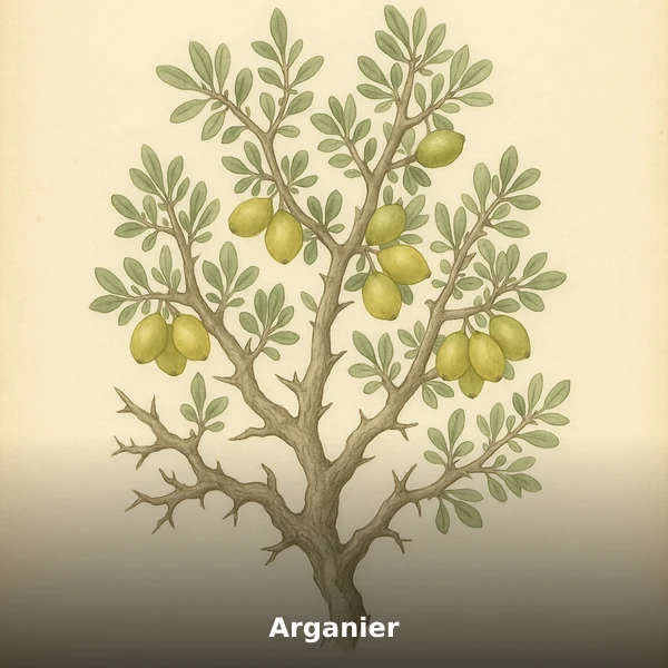 Illustration botanique aquarelle de Arganier (Argania spinosa), plante médicinale africaine pour nourrit la peau, style planche scientifique