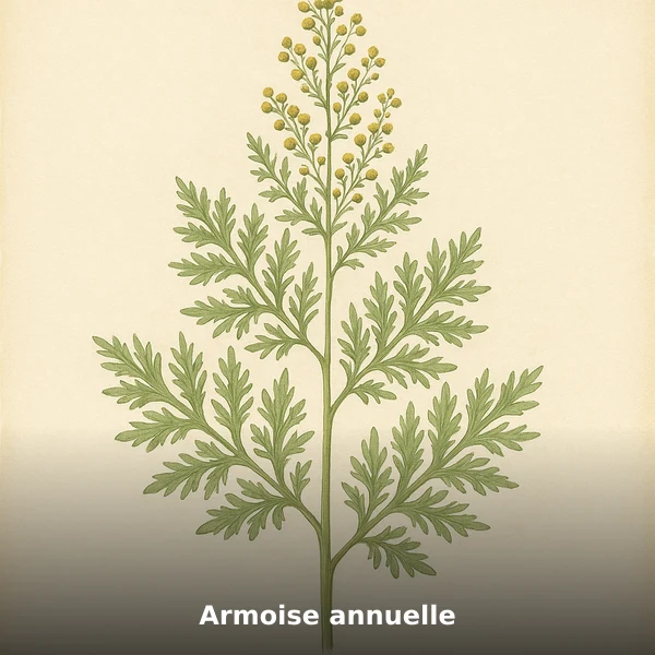 Illustration botanique aquarelle de Armoise annuelle (Artemisia annua), plante médicinale africaine pour soutien documenté en accompagnement post-paludisme, style planche scientifique