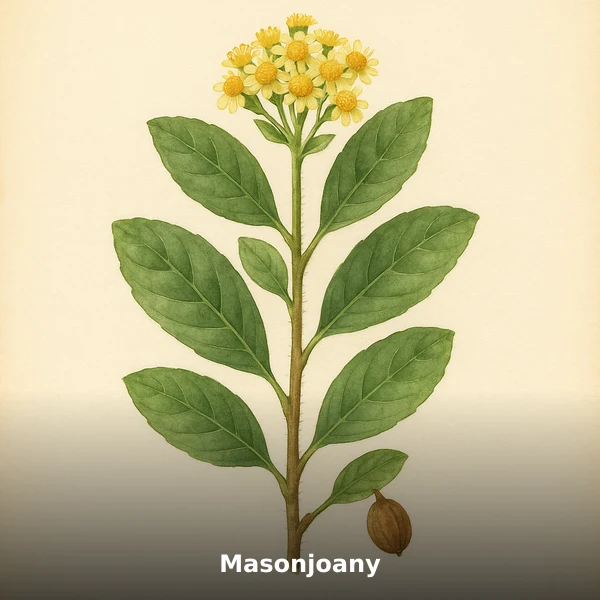 Illustration botanique aquarelle de Masonjoany (Santalina madagascariensis), plante médicinale africaine, style planche scientifique