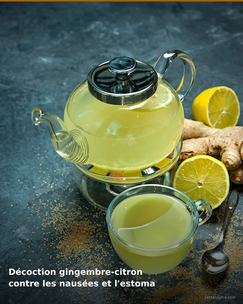 Préparation traditionnelle de décoction gingembre-citron contre les nausées et l'estomac lourd, remède naturel africain pour soutenir confort digestif, ingrédients végétaux