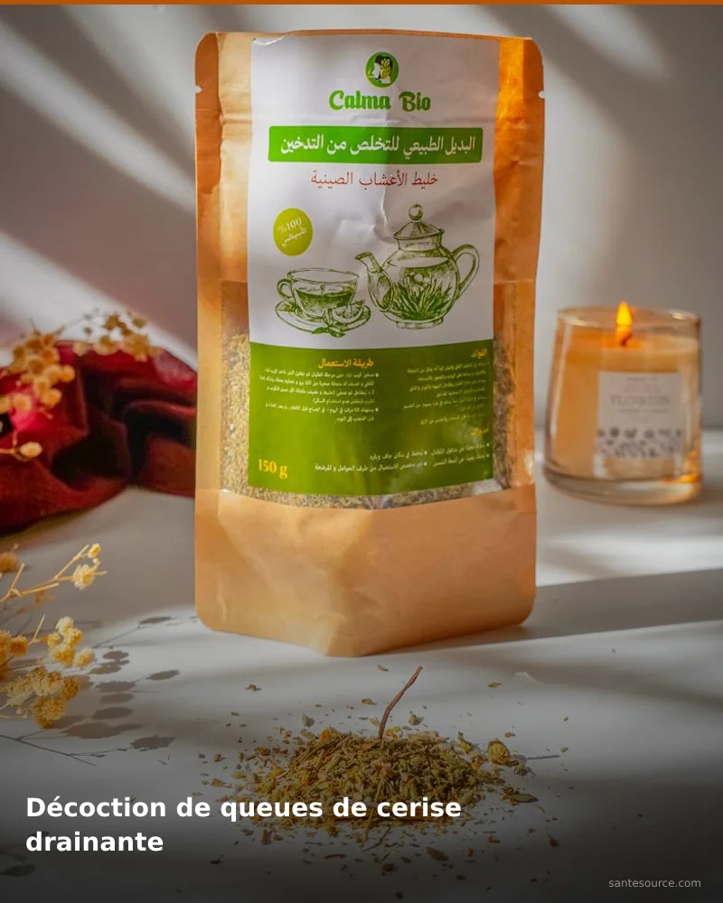 Préparation traditionnelle de décoction de queues de cerise drainante, remède naturel africain pour soutenir gestion du poids, ingrédients végétaux