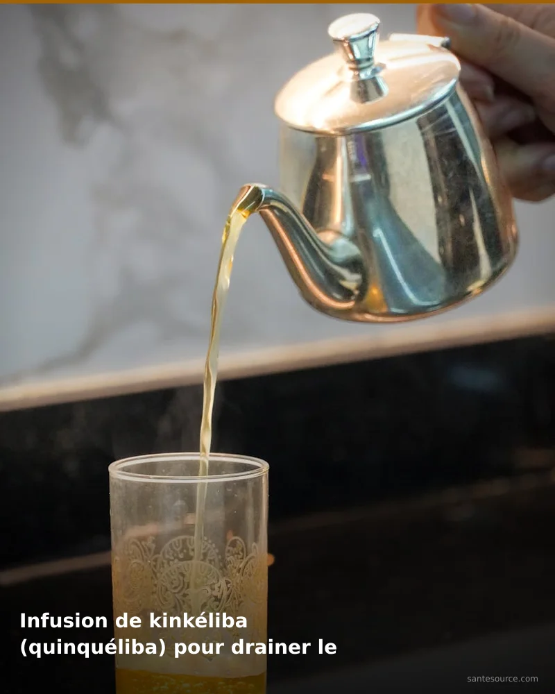Préparation traditionnelle de infusion de kinkéliba (quinquéliba) pour drainer le foie, remède naturel africain pour soutenir confort digestif, ingrédients végétaux