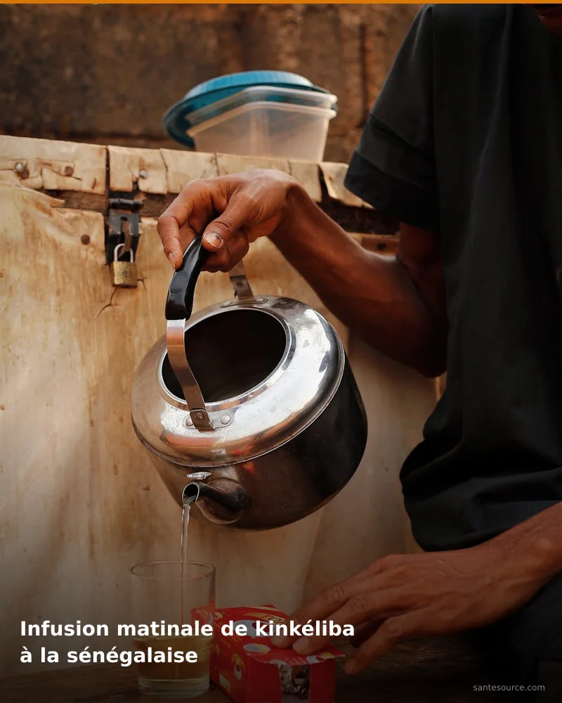 Préparation traditionnelle de infusion matinale de kinkéliba à la sénégalaise, remède naturel africain pour soutenir énergie et vitalité, ingrédients végétaux