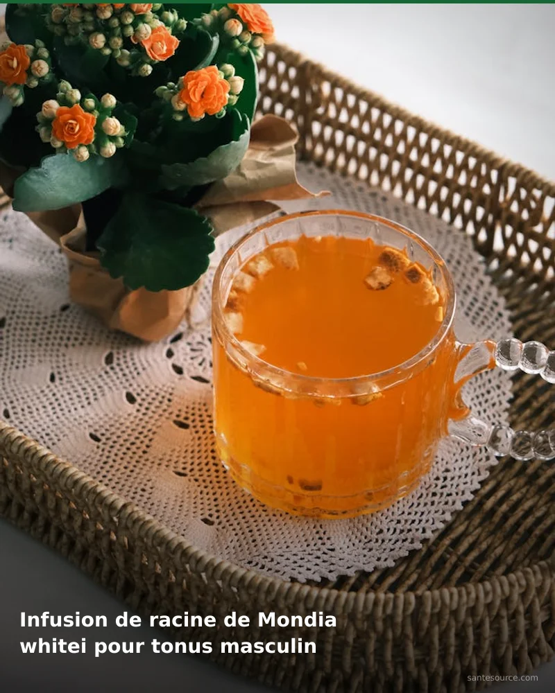 Préparation traditionnelle de infusion de racine de mondia whitei pour tonus masculin, remède naturel africain pour soutenir vitalité masculine, ingrédients végétaux