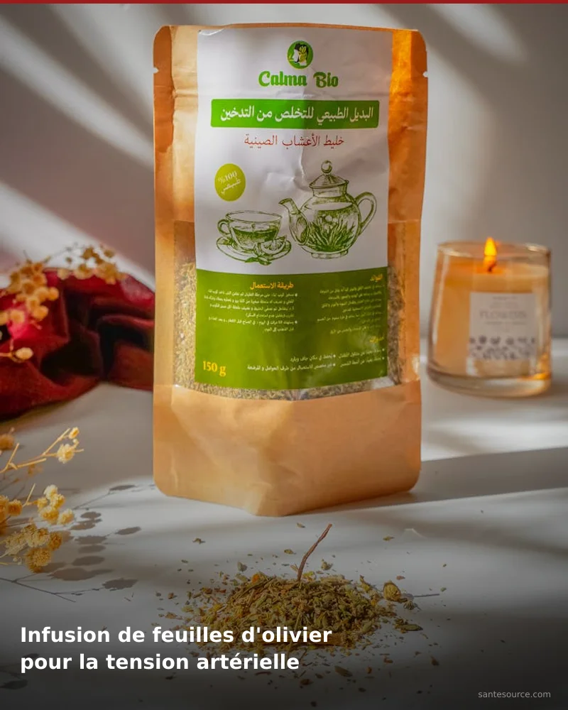 Préparation traditionnelle de infusion de feuilles d'olivier pour la tension artérielle, remède naturel africain pour soutenir tension artérielle, ingrédients végétaux