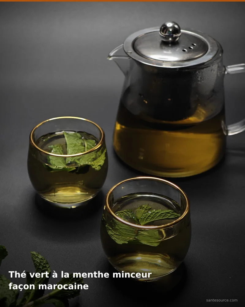 Préparation traditionnelle de thé vert à la menthe minceur façon marocaine, remède naturel africain pour soutenir gestion du poids, ingrédients végétaux